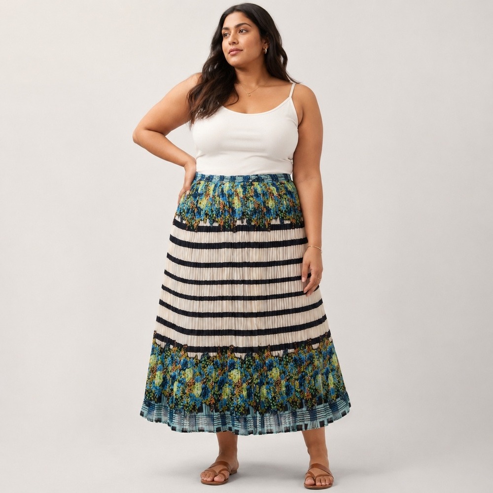 Plus Size Pleated Maxi Skirt Floral Striped Boho Coastal 1X